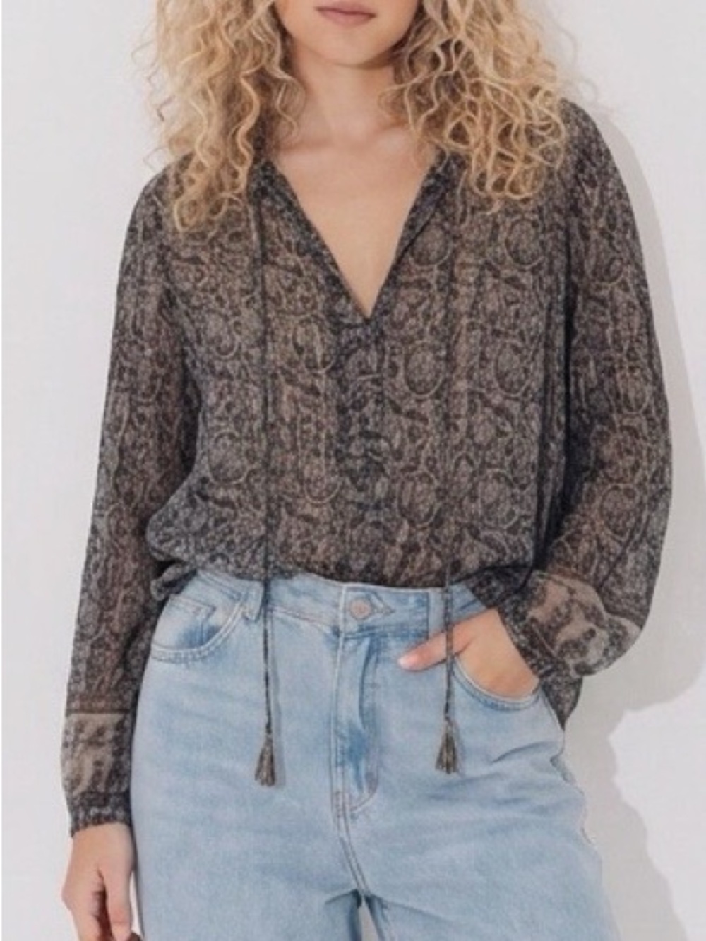 Zara Boho Gray & Gold V-Neck Tassel Tir Long Sleeve Blouse Size XS✨